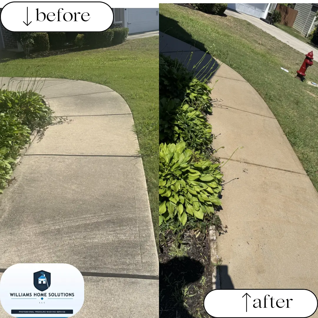 Before and after pressure washing a concrete walkway and sidewalk in the CSRA